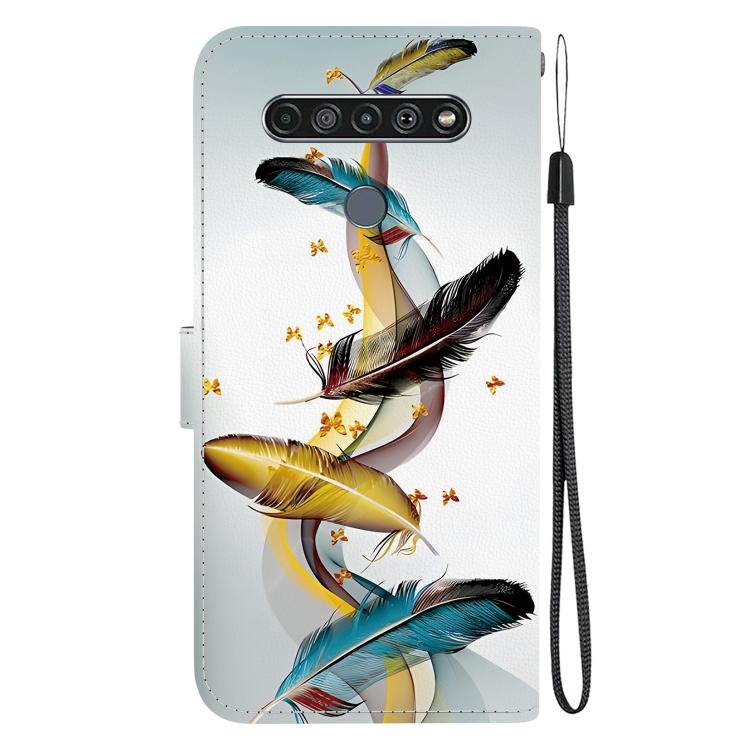 Funda de Cuero para LG K61 con Dibujo de Colores y Textura de Cristal (Plumas de Mariposa Doradas)