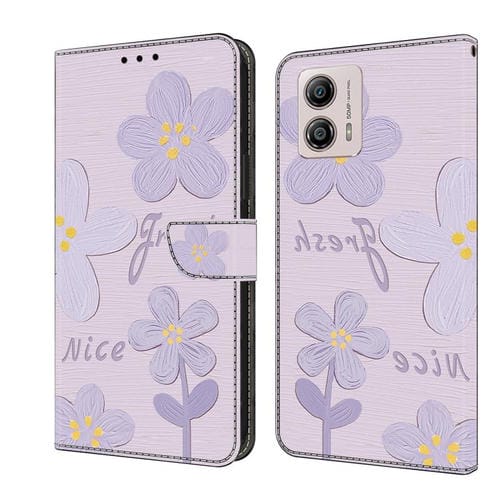 Funda de Cuero Pintada a Mano Motorola Moto G53 5G con Flores (Morado Oscuro)