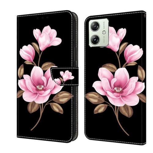 Funda de Cuero Pintada a Mano Motorola Moto G54 (Flores Negras)