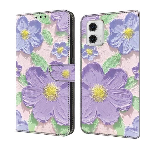 Funda de Cuero Pintada a Mano Motorola Moto G73 con Pintura al Óleo Flores Moradas