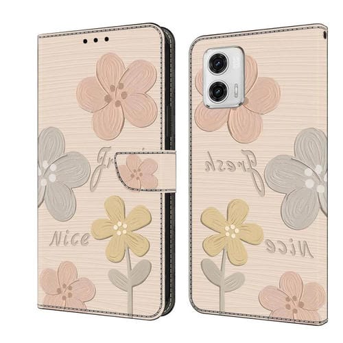 Funda de Cuero pintada a mano para Motorola Moto G73 (Flores Beige)