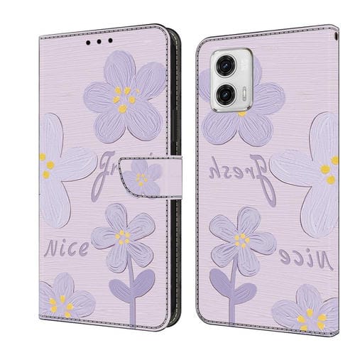 Funda de Cuero Pintada a Mano para Motorola Moto G73 con Flores (Morado Oscuro)