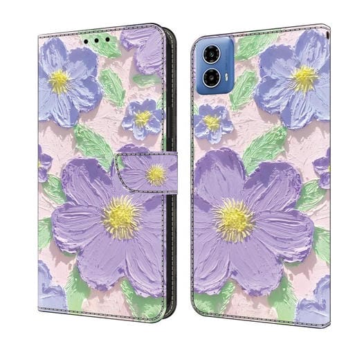 Funda de Cuero Pintada al Óleo para Motorola Moto G34 (Flores Moradas)