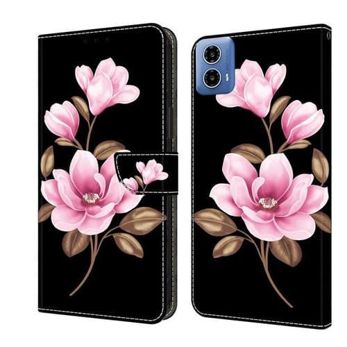 Funda de Cuero Pintada a Mano para Motorola Moto G34 (Flores Negras)