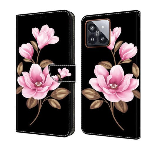 Funda De Cuero Pintada Fresca Para Teléfono Xiaomi 14 Pro (Flores Negras)