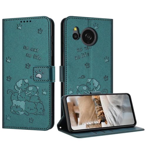 Funda de Cuero para Sharp Aquos Sense 8 con Diseño de Gatito En Relieve y Cordón (Verde Oscuro)