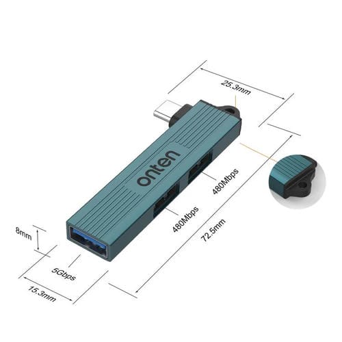 Concentrador USB Tipo C 3 en 1 Onten UC51 Función de Expansión (Verde Pino)