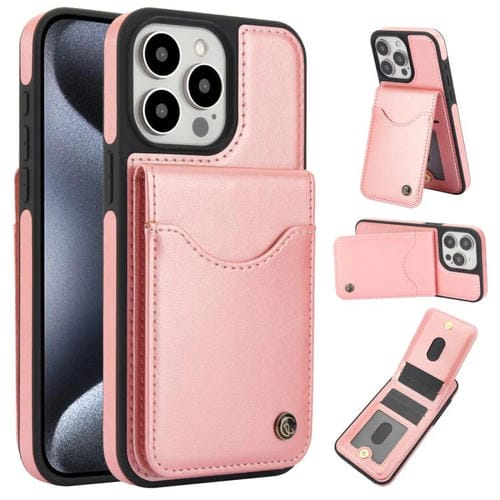 Funda de Cuero con Tapa Vertical Awquer para iPhone 15 Pro con Tarjetero (Oro Rosa)