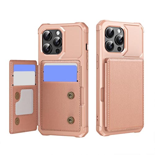 Funda de Cuero con Tapa Horizontal para iPhone 15 Pro con Tarjetero (Oro Rosa)