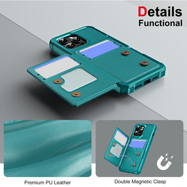 Funda de Cuero con Tapa Horizontal para iPhone 15 Pro Max Tarjetero (Verde Cian)