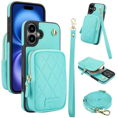 Funda para iPhone 16 Plus Awquer con Cremallera y Bandolera de Piel de Lichi (Verde Menta)