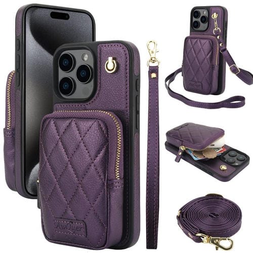 Funda para Teléfono Awquer iPhone 15 Pro Piel de Lichi Cremallera Cartera Cruzada (Morado Oscuro)