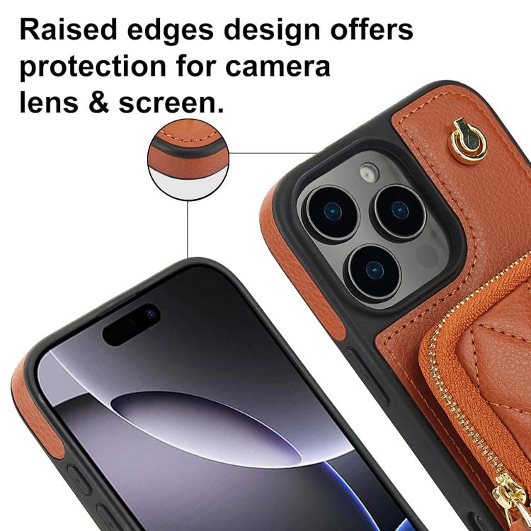 Cartera Cruzada Awquer para iPhone 14/13 con Cremallera y Funda de Piel de Lichi (Marrón)