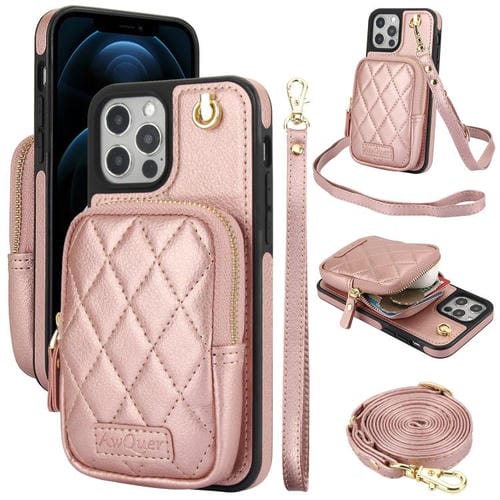 Cartera Cruzada Awquer para iPhone 12 Pro Max con Cremallera y Funda de Piel de Lichi (Oro Rosa)