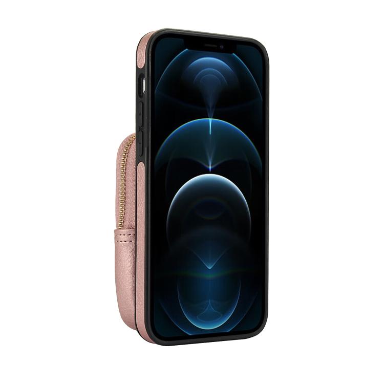 Cartera Cruzada Awquer para iPhone 12 Pro Max con Cremallera y Funda de Piel de Lichi (Oro Rosa)