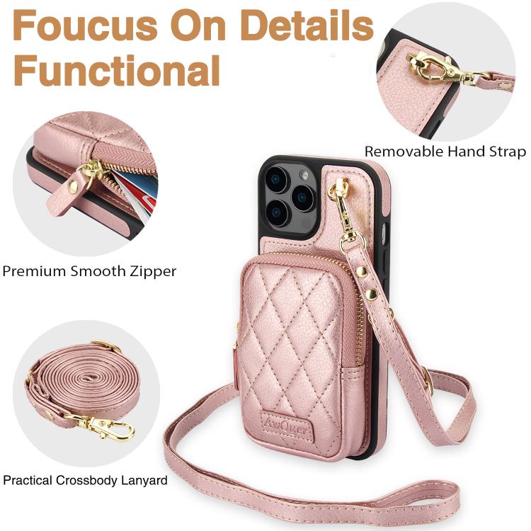 Cartera Cruzada Awquer para iPhone 12 Pro Max con Cremallera y Funda de Piel de Lichi (Oro Rosa)