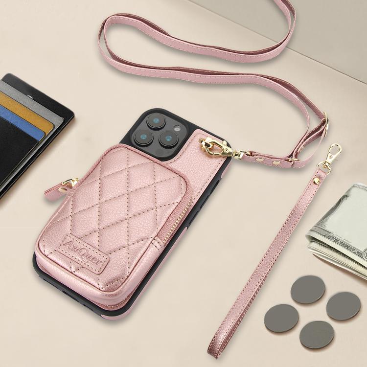 Cartera Cruzada Awquer para iPhone 12 Pro Max con Cremallera y Funda de Piel de Lichi (Oro Rosa)
