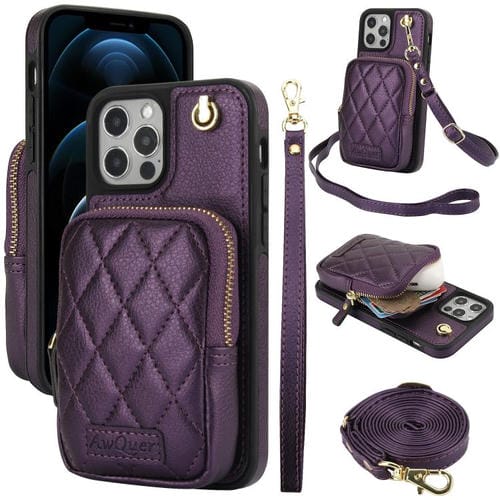 Funda para iPhone 12 Pro Max Awquer Cartera Cruzada con Cremallera Piel de Lichi (Morado Oscuro)