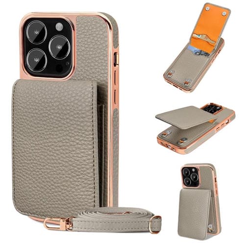 Funda de Teléfono Tipo Billetera Vietao Textura de Lichi con Cordón de Pu para iPhone 14 Pro Max (Gris)