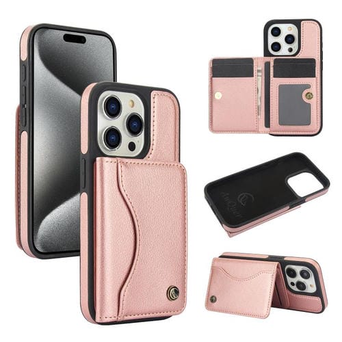 Funda Para iPhone 15 Pro Max Awquer Cuero Tapa Horizontal Tarjetas Soporte (Oro Rosa)