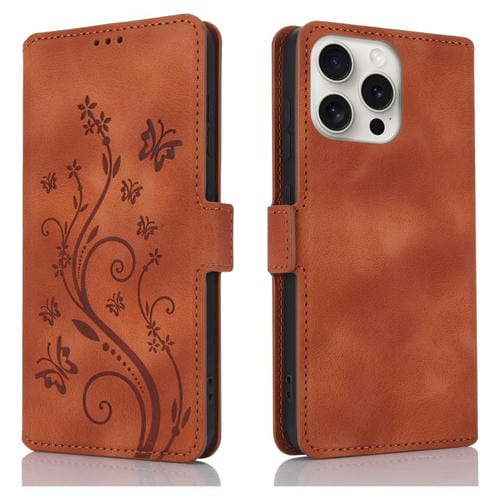 Funda de Cuero iPhone 13 Pro Max con Relieve Mariposa y Flor (Marrón)