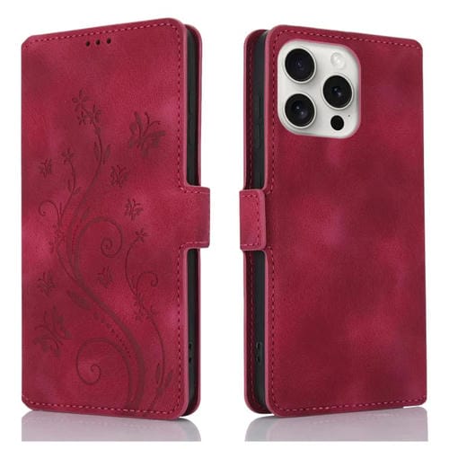 Funda de Cuero iPhone 13 Pro Relieve Mariposa y Flor de Amor (Rojo)