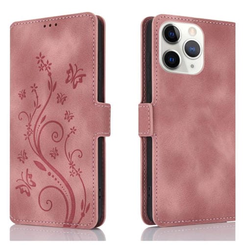 Funda de Cuero iPhone 11 Pro Max Relieve Mariposa Flor Amor (Oro Rosa)