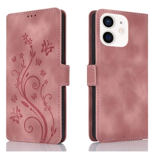 Funda de Cuero iPhone 11 con Relieve Mariposa y Flor Amor de Ensueño (Oro Rosa)