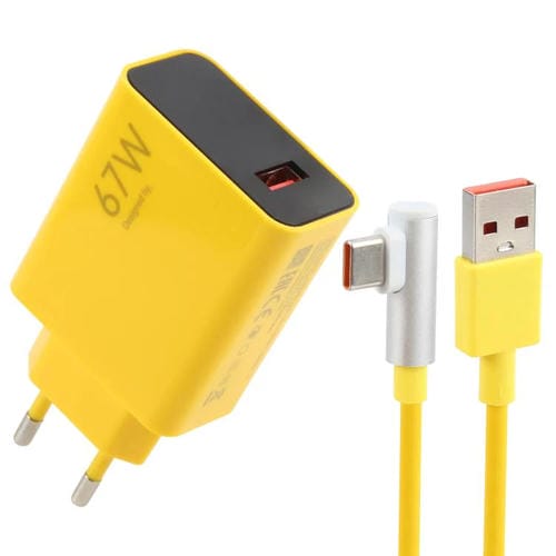 Cargador Rápido USB 67 W con Cable USB Tipo C 1 m y Enchufe UE (Amarillo)