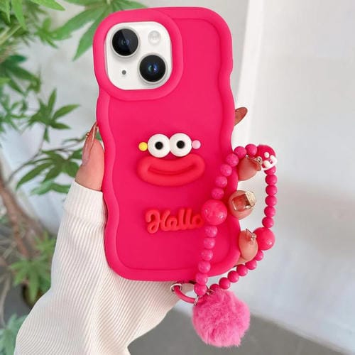 Funda TPU para iPhone 14 Plus Forma Boca de Salchicha con Cadena de Cuentas (Rojo)