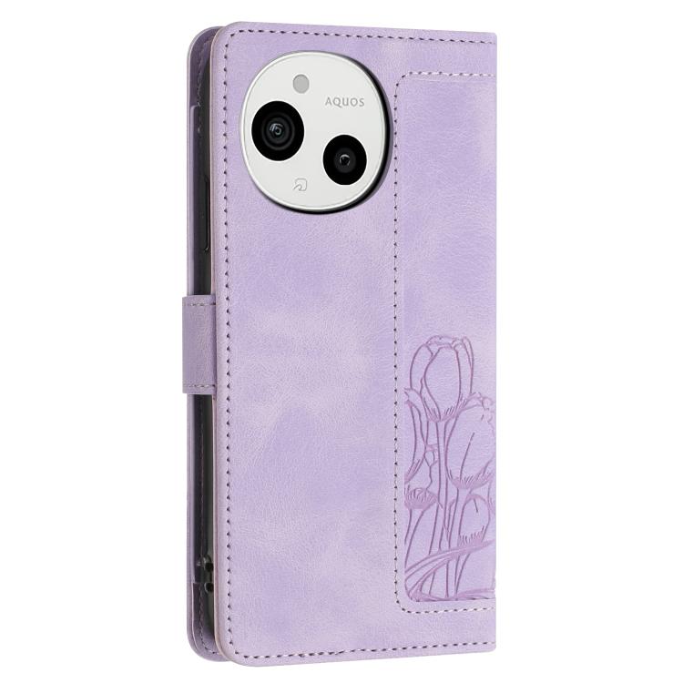 Funda de Cuero con Relieve de Tulipanes para Sharp Aquos Sense9 con Cordón (Morado)