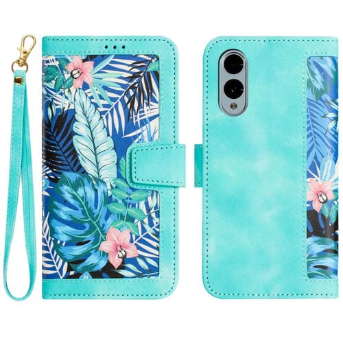 Funda de Cuero para Teléfono Fujitsu Arrows We2 con Estampado Floral y Cordón (Verde)