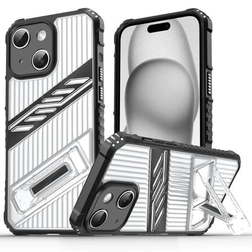 Funda híbrida TPU para iPhone 15 con soporte para PC (Negro Transparente)