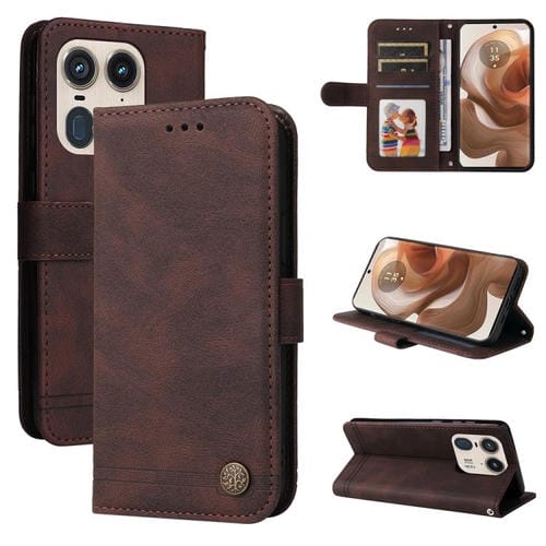 Funda de Cuero con Botones de Metal y Diseño Árbol de la Vida para Motorola Edge 50 Ultra/X50 Ultra (Marrón)