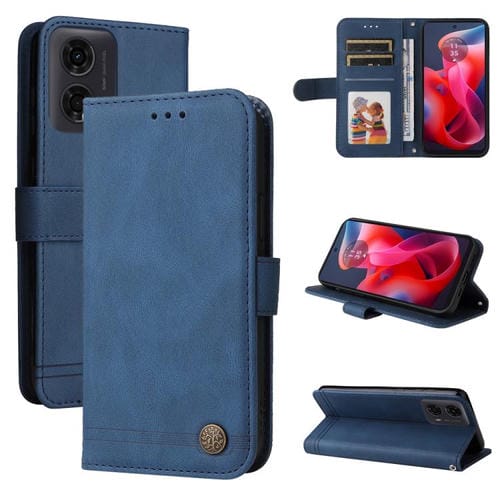 Funda de Cuero con Botones de Metal y Diseño Árbol de la Vida para Motorola Moto G04/G04S/G24/E14 (Azul)