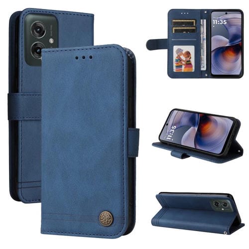 Funda de Cuero para Motorola Moto G55 con Botones de Metal y Diseño Árbol de la Vida (Azul)