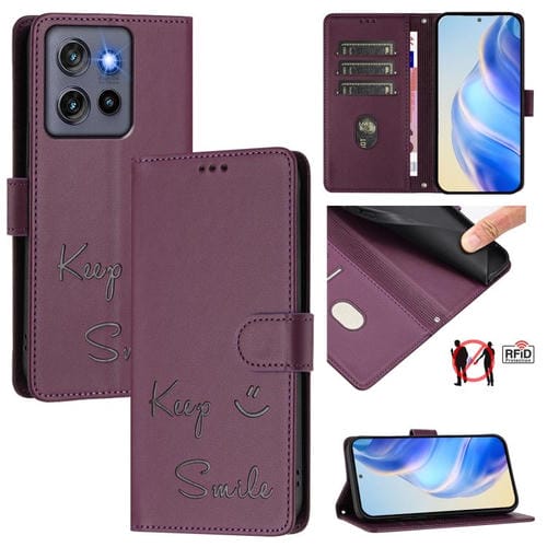 Funda de Cuero Rfid Motorola Moto G Stylus 5G (2025) con Relieve Sonriente (Violeta)