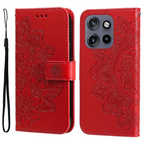 Funda de Cuero con Relieve de Flores de Siete Pétalos para Motorola Edge 50 Neo Thinkphone 25 (Rojo)