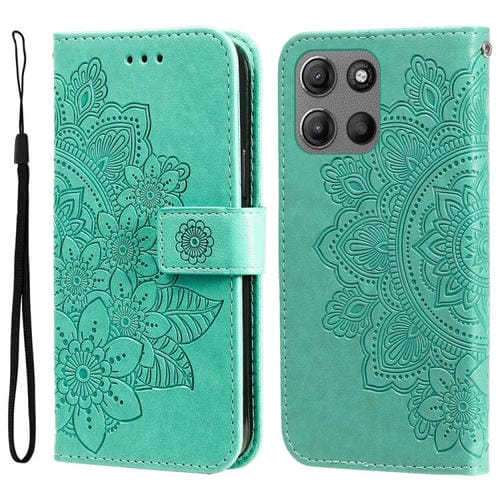 Funda de Cuero para Motorola Moto G15 y G15 Power con Estampado de Flores de Siete Pétalos (Verde)