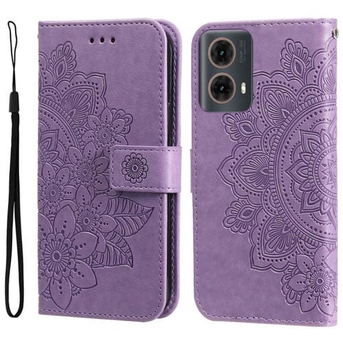 Funda de Cuero con Relieve Flores Siete Pétalos para Motorola Moto G85/S50 Neo (Morado Claro)