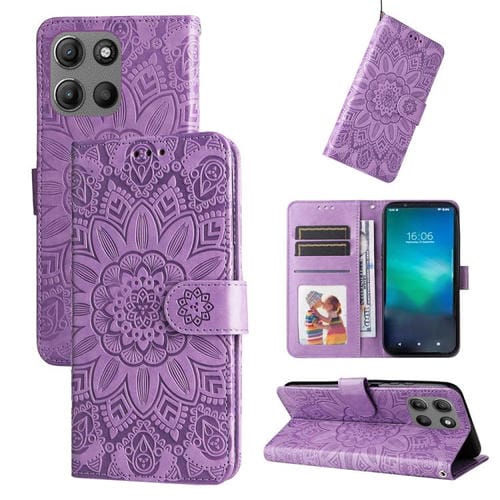 Funda de Cuero Motorola Moto G15/G15 Power Estampado Girasoles En Relieve (Morado)