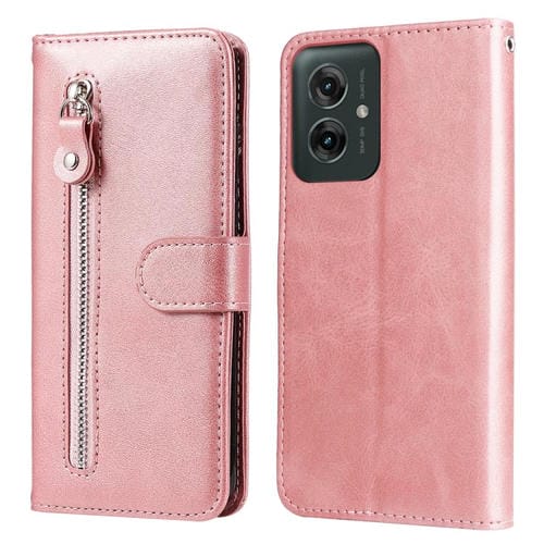 Funda de Piel con Textura de Becerro y Cremallera para Motorola Moto G55 (Oro Rosa)