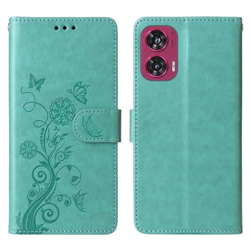 Funda de Cuero para Motorola Edge 50 Fusion con Diseño de Mariposas y Flores en Relieve (Verde)