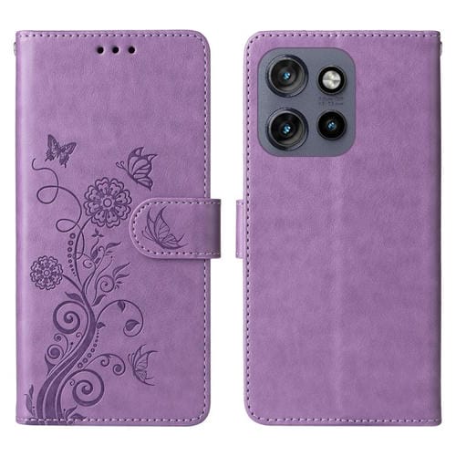 Funda de Cuero con Diseño de Flores y Mariposa en Relieve para Motorola Edge 50 Neo/Thinkphone 25 (Morado)