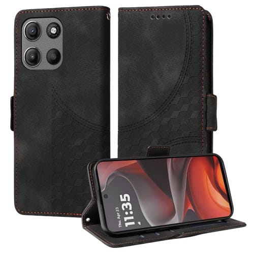 Funda de Cuero Motorola Moto G15/G15 Power con Diseño de Rombos y Estrellas en Relieve (Negra)