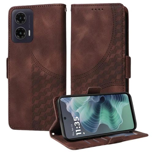 Funda de Cuero Motorola Moto G35 con Diseño de Rombos y Estrellas en Relieve (Marrón)