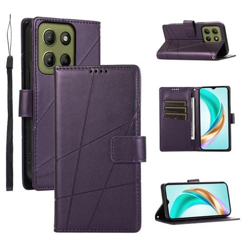 Funda para Teléfono Motorola Moto G15 con Textura Cuero Genuino PU y Líneas en Relieve (Morado)