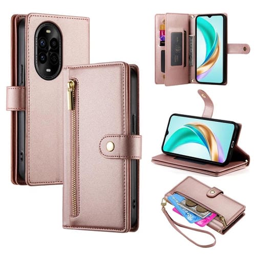 Funda de Cuero Huawei Nova 13 Pro con 9 Ranuras para Tarjetas y Cremallera (Rosa)