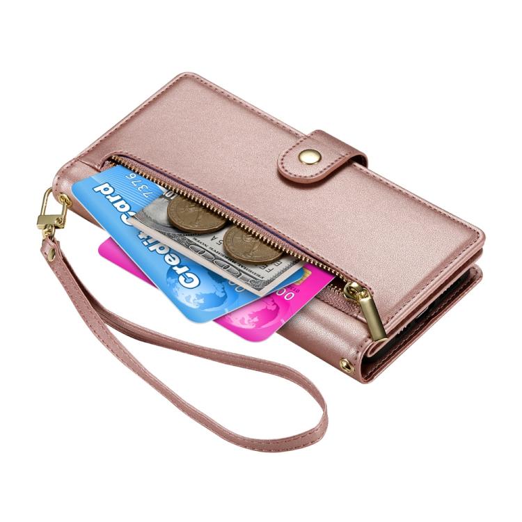 Funda de Cuero Huawei Nova 13 Pro con 9 Ranuras para Tarjetas y Cremallera (Rosa)