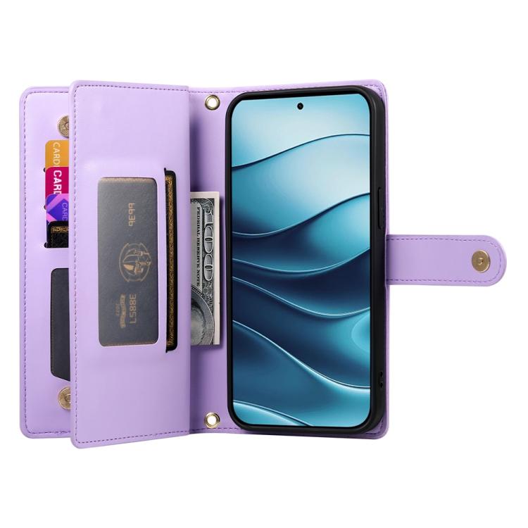 Funda de Cuero para Huawei Nova 13 Pro con 9 Ranuras para Tarjetas y Cremallera (Morado)